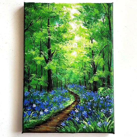 Garden Painting Ideas Canvas, Flower Landscape Painting Acrylic, Forest Painting Landscape, Painting Ideas On Canvas Garden, Tree Paintings Acrylic, Green Nature Painting, Garden Acrylic Painting, Flower Forest Drawing, Simple Forest Painting