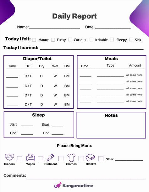 A toddler daily report will give your centers’ parents and families a peek into their child’s day. This helps improve parent engagement, build trust and credibility, and adds value to your center. This template allows you to share what each toddler ate, when they slept, new things they learned, how they felt, and more. This toddler template is easy to download and print and can be used every day at your center. Daily Reports For Preschool, Infant Daily Report Printable Free, Preschool Daily Sheet, Daycare Daily Report, Toddler Daily Report, Preschool Daily Report, Daily Report Template, Infant Daily Report, Daycare Organization