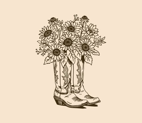 Cowboy Boots With Sunflowers Tattoo, Cowboy Boot With Sunflower Tattoo, Cowboy Boots With Flowers Drawing, Sweetest Of The Sunflowers Tattoo, Cowboy Boots And Hat Tattoo, Cowboy Boot Tattoo With Flowers, Cowboy Boot Clipart, Cowgirl Boot Tattoo, Boot Clipart