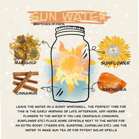 Witches of Instagram on Instagram: “Here's a quick method for making sun water! Do you enjoy making sun or moon water for your magick?⁠ .⁠ .⁠ .⁠ .⁠ .⁠ .⁠ .⁠ .⁠ .⁠ .⁠ .⁠ .⁠ .⁠…” Make Moon Water, Witch Info, Water Spells, Sun Magic, Modern Witchcraft, Water Witch, Jar Spells, Moon Water, W.i.t.c.h Aesthetic