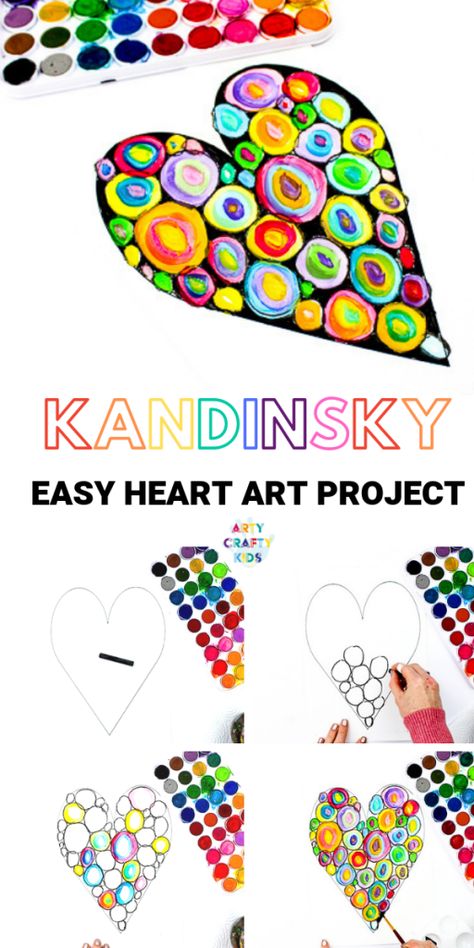 Arty Crafty Kids | Kandinsky Heart Art Project - a simple art idea for kids that explores colour-mixing and encourages children to play with colour combinations. #artycraftykids Art 2nd Grade, Art Kandinsky, Heart Art Projects, Classe D'art, Valentine Art Projects, Art Project For Kids, Kandinsky Art, 2nd Grade Art, Colour Mixing