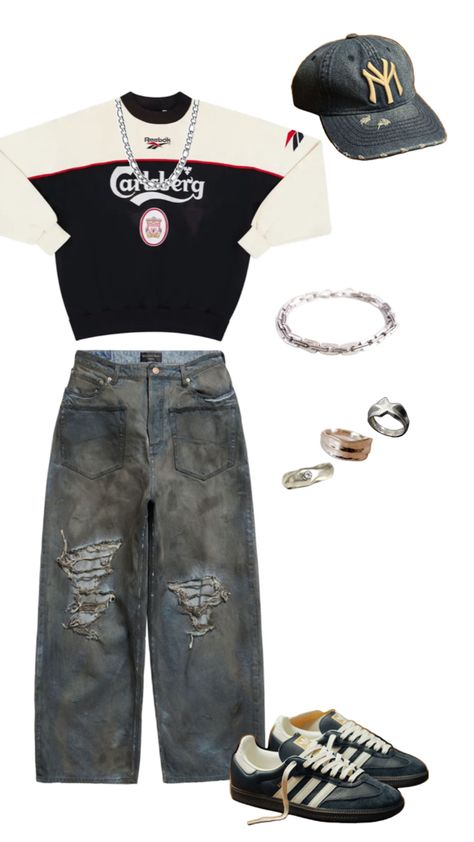 Men’s Street wear inspired outfit. Distressed denim Early 2000s Streetwear Men, Ahs Style Outfits Men, Men Outfit Collage, 2000s Outfit Inspiration, Collage Outfits Men, Outfit Collage Men, Ahs Style Men, Y2k Outfits Men 2000s Streetwear, 2000 Fashion Men