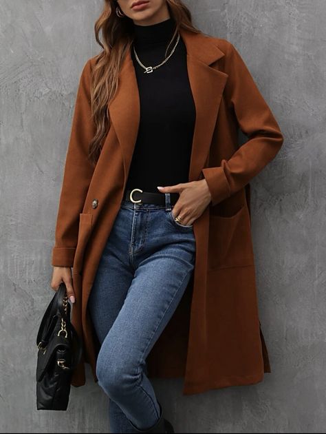 Double Breasted Coat Women, Jacket Outfit Women, Types Of Coats, Women Coats, Belted Coat, Brown Coat, Modest Fashion Outfits, Coat Outfits, Double Breasted Coat