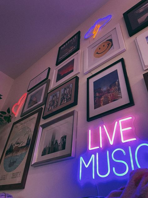 Neon signs + mismatched frames + meaningful photos & local art = galley wall inspo ☺️ Neon Gallery Wall, Gallery Wall With Neon Sign, Edgy Rooms, Wall Gallery Ideas, Galley Wall, Meaningful Photos, Dorm Inspo, Neon Room, Apt Ideas