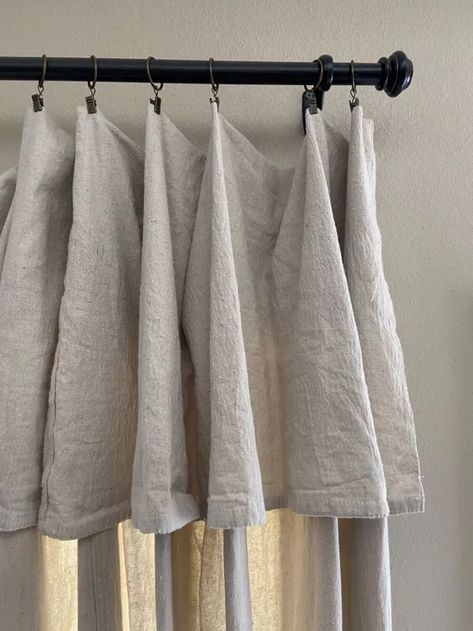 Who all has seen the beautiful drop cloth curtains all over pinterest and instagram? I was seeing them all over the place for months and then decided to give it a try.Initially when we built our house we put 2” faux wood blinds up in all of the bedrooms and on all of the windows on front of the house downstairs.Bringing us to the DIY drop cloth curtains....I love being able to see out without having to look though blinds, but we also wanted some privacy at night. I've looked and looked… Diy Drop Cloth Curtains, Shower Curtain With Valance, Stenciled Curtains, Drop Cloth Projects, Cloth Curtains, Closet Curtains, Pot Rack Hanging, Faux Wood Blinds, Drop Cloth Curtains