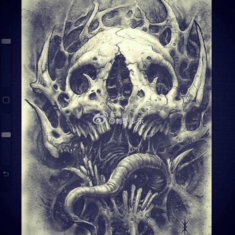 Rabe Tattoo, Evil Skull Tattoo, Skull Rose Tattoos, Evil Skull, Skull Art Tattoo, Line Tattoo Ideas, Demon Tattoo, Biomechanical Tattoo, Skull Art Drawing