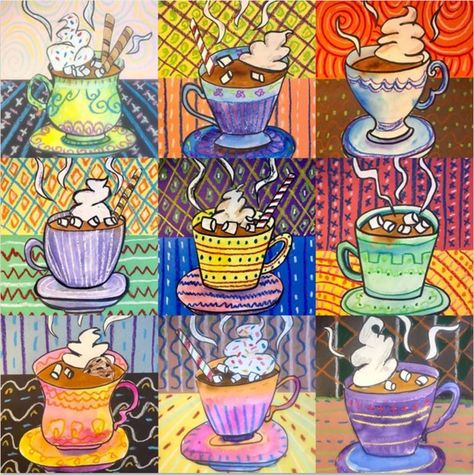 Hot Cocoa Art, Hot Chocolate Art, Heather Galler, Holiday Art Projects, Winter Art Lesson, Learning Art, Christmas Art Projects, Middle School Art Projects, Winter Art Projects