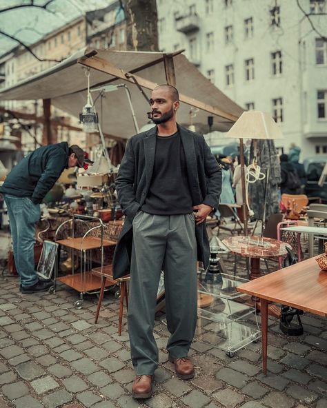 Letting the outfit steal the show—bald is my signature, retro my stage, at the vintage market. pants: @zara Coat: @zara Jumpers: @newyorkerman . . . [bald men’s fashion, bald fashion tips, how to dress bald, outfit ideas for bald men, bald style advice, fashion for bald guys, dressing well without hair, retro, vintage, timeless] Bald Man Style Outfit, Fashion For Bald Men, Bald Men Outfit, Bald Men Style Fashion Outfits, Bald Man Style, Bald Men Fashion, Men Coat Outfit, Bald Fashion, Bald Style