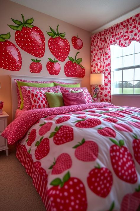 Strawberry Shortcake Bedroom, Cool Teenage Girl Rooms, Strawberry Bedroom, Fantasy Bedroom Ideas, Cloud Bedroom, Comfortable Bedroom Decor, Colorful Homes, Dreamy Night, Teenage Girl Room