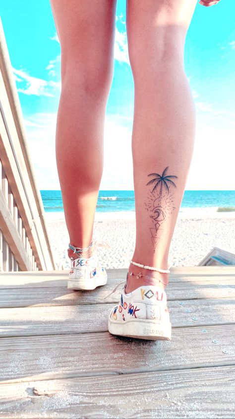 Womens Beach Tattoo Ideas, Cancun Mexico Tattoo Ideas, Curacao Tattoo, Tenerife Tattoo Ideas, Simple Beach Tattoo For Women, Beach Tattoos For Women Sleeve, Back Calf Tattoos For Women, Florida Tattoo For Women, Ibiza Tattoo