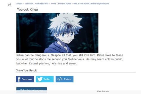 i did a quiz of Who your hunterxhunter boyfriend is and i got killua !! And i swear to god i didnt this test so truthfully i thought i was gonna get someone ugly- IIM SO HAPPPYYYYYYYYYYYy Killua Headcanons, As Your Boyfriend, Killua Zoldyck, Your Boyfriend, Hunter X Hunter, Being Ugly, Zelda Characters, Fictional Characters, Quick Saves