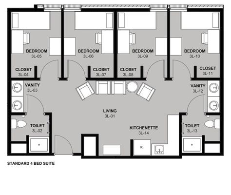 Four bed Housing Floor Plans, Dorm Planning, Modern Dorm Room, Dorm Layout, Dorm Room Layouts, University Housing, Dormitory Room, Hostels Design, Hostel Room