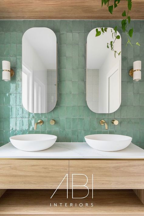 Try pairing a green statement wall with your favourite plants and gently contoured basins like our Willow to increase visual serenity. ⁠ For some shine, brushed brass tapware never goes awry. Ensuite Vanity, Bathroom Tapware, Bathroom Inspiration Decor, Main Bathroom, Green Tile, Green Bathroom, Bathroom Renos, House Bathroom, House And Home Magazine