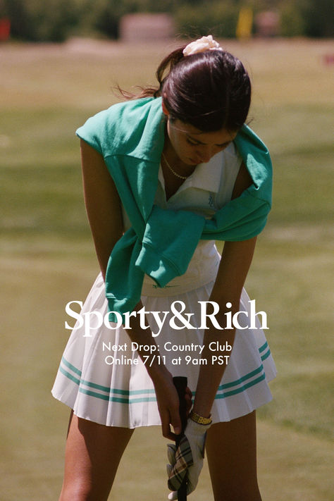 Next Drop: Country Club Discover new exclusive pieces inspired by golf and tennis aesthetics. Online on Thursday, July 11th at 9 am PST Fitted Polo Outfit, Country Club Preppy Aesthetic, Rich Sport Aesthetic, 90s Golf Outfits, Golf Swings Women, 90s Golf Fashion, Vintage Country Club Aesthetic, Preppy Country Club Outfit, Green Tennis Outfit