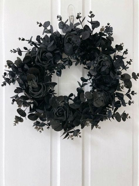 Gothic Front Door Decor, Black Flower Wreath, Black Floral Wreath, Black Rose Wreath, Black Door Wreath, Romantic Gothic Halloween Decor, Gothic Christmas Wreath, Black Wreaths For Front Door, Black And White Wreaths For Front Door