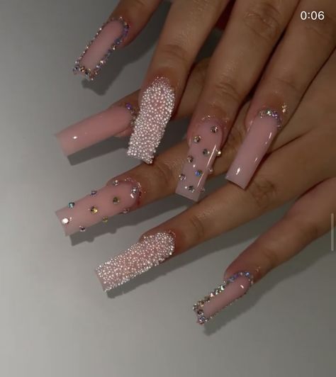 Pink Sparkly Coffin Acrylic Nails, 22 Bday Nails, Light Pink Acrylic Nails Coffin Long With Diamonds, Gems On Nails Ideas, Birthday Nails Sparkle, Nail Inspo Gems, Sparkly Pink Acrylic Nails, Pink Blinged Out Nails, Light Pink Nails With Rhinestones