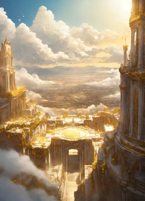 Lexica - Big, abandoned city made of white marble and gold, located above the clouds. anime Lys Aesthetic, City In The Clouds, Cloud Giant, Dnd Things, Fantasy Buildings, Marble City, Steampunk Dragon, Fantasy Architecture, Abandoned City