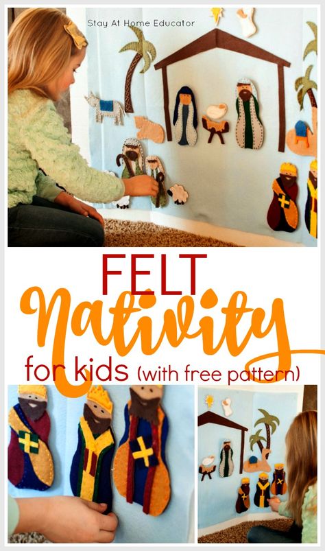 Diy Felt Nativity Free Pattern, Nativity Toddler Activities, Toddler Nativity Activities, Christmas Church Crafts For Kids, Nativity Crafts For Toddlers, Felt Nativity Pattern Templates, Diy Felt Nativity, Nativity Template, Nativity Activities