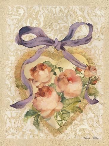 size: 12x9in Art Print: Hearts and Ribbons II by Cheri Blum : Cheri Blum’s (1969-2003) brief but prolific career resulted in over 400 paintings. Best known for using cracked linen as her canvas, she painted floral motifs reminiscent of weather-worn Italian frescoes. After college, Blum began her career as an illustrator and muralist, creating trompe l’oeil, faux painting and decorative furniture finishes, achieving her vision of getting fine art outside of museums and into people’s everyday live Cute Art To Paint, Vintage Inspired Art Prints, Art Made Out Of Nature, Wall Print Art, Floral Painting Aesthetic, Victorian Style Painting, Pink Vintage Prints, Folk Wall Art, Art Inspo Canvas