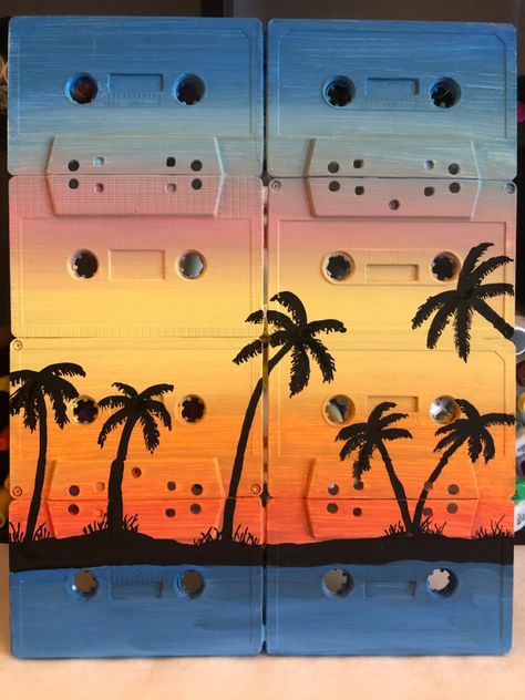 Cassette Tape Art Painting, Cassette Painting Ideas, Casette Tape Art, Casette Art, Cassette Painting, Cassette Art, Cassette Tape Art, Sunset Music, Vinyl Record Crafts