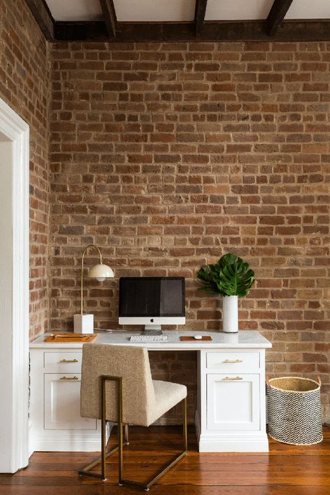 Beautiful Office Spaces, Brick Room, Study Room Design, Wall Interior, Townhouse Designs, Vintage Industrial Furniture, Pipe Furniture, Exposed Brick Walls, Brick Walls