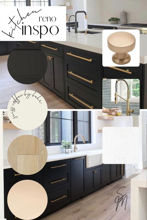 Espresso Kitchen Cabinets With Gold Hardware, White Quartz Countertop Black Cabinets, Black White Wood And Gold Kitchen, Black Cabinets White Quartz Countertops, Black Cabinet Countertop Ideas, Black Kitchen Cabinets Light Wood Floors, Black Cabinets Brushed Gold Hardware, Kitchens With Black Cabinets Farmhouse, Kitchen Renovation Ideas 2023