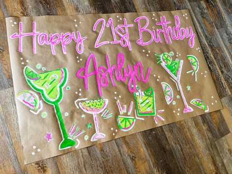 The cutest bday banner 💚🩷🌟🪩 40th Birthday Banners For Women, 21st Banner Ideas, Hand Painted Banner, Painted Banner Ideas, 21 Birthday Banner, Gameday Banner, Butcher Paper Banner, College Banners, Event Banner Design