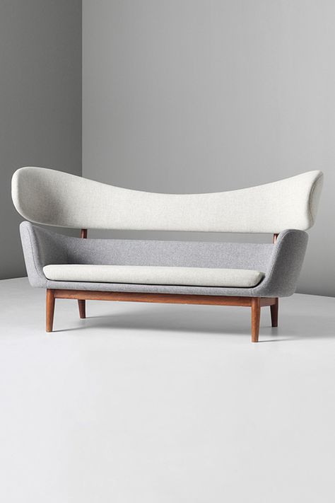 Originally Finn Juhl designed this sofa for Baker Furniture Inc. in USA in 1951. The sculptural forms are inspired by the modern free art, which interested Finn Juhl very much. The sofa has an upholstered body divided in two, resting upon an elegant and light construction of wood – a typical example of how Finn Juhl separated the elements in order to create a visual lightness. The sofa is upholstered in wool fabric, of customer’s… Baker Sofa, Finn Juhl, Baker Furniture, Furniture Inspiration, Mid Century Furniture, Interior Furniture, Danish Design, 인테리어 디자인, Free Art