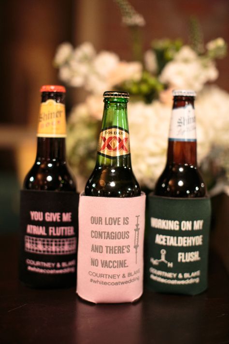 Koozies, medical-theme Doctor Wedding Ideas Medical, Medical Wedding Theme, Medical Wedding, Doctor Wedding, Reception Theme, Wedding Bar Decor, Diy Wedding Favors Cheap, Koozie Wedding Favors, Coffee Wedding Favors