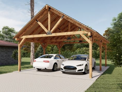 20'x24' Wooden Carport Plans Gable Roof Pavilion - Etsy Gazebo Blueprints, Construction Garage, Car Porch Design, Wooden Carports, Building A Carport, Garage Build, Timber Frame Pavilion, Carport Sheds, Pavilion Plans