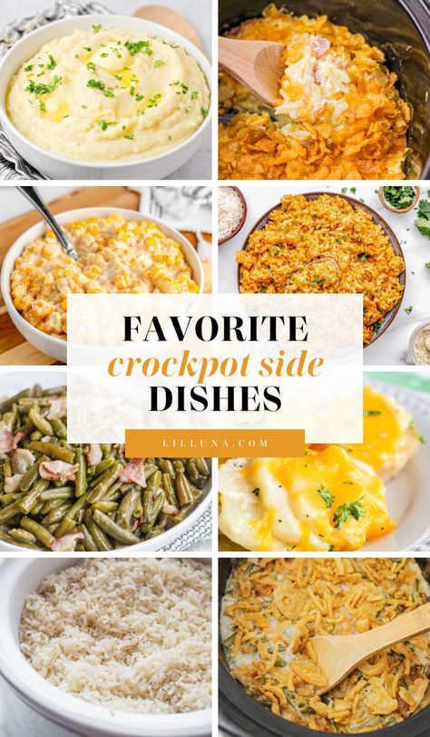 These set-it-and-forget-it crockpot side dishes won't heat the kitchen and can be made the morning of for a less stressful evening. #crockpot #slowcooker #crockpotsidedishes #sidedishes Easy Thanksgiving Crockpot Sides, Slowcooker Thanksgiving Recipes, Crockpot Sides For Potluck, Crockpot Pitch In Ideas, Easy Crockpot Vegetables, Croc Pot Thanksgiving Sides, Christmas Dinner Sides Crock Pot, Crockpot Potluck Side Dishes, Crock Pot Sides For Thanksgiving