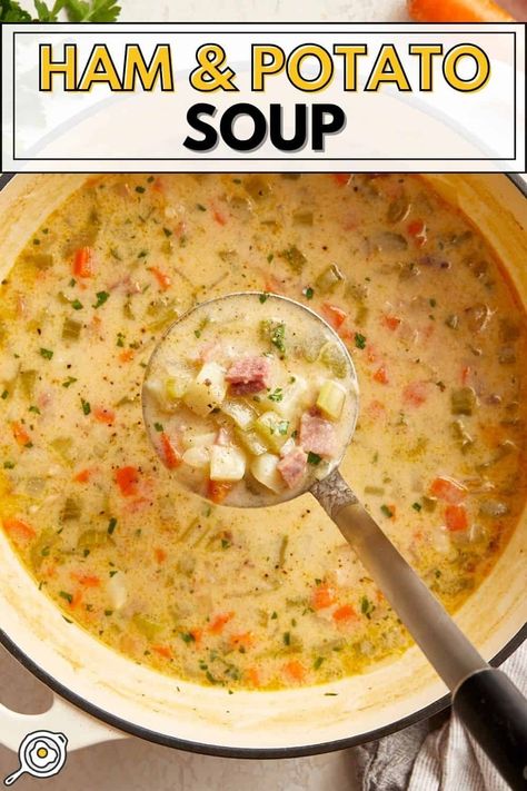 This ham and potato soup is creamy but not too heavy and loaded with fresh veggies and salty ham. It's perfect for the seasonal transition! Ham And Potato Soup, Ham Potato, Pork Soup, Ham Soup, Food Wishes, Savory Soups, Chicken Meal Prep, Dinner Entrees, Chicken Pasta Recipes