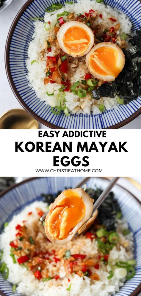 Korean Mayak Eggs (Drug Eggs). Soft-boiled eggs with a jammy yolk in a soy-based marinade with addictive flavors! These delicious eggs are savory, sweet, spicy with nutty sesame flavor and umami taste. Asian Egg Recipe, Mayak Eggs, Boiled Egg Recipes, Asian Breakfast, Korean Recipes, Savoury Recipes, Korean Dishes, Food Recepie, Dinner Is Served