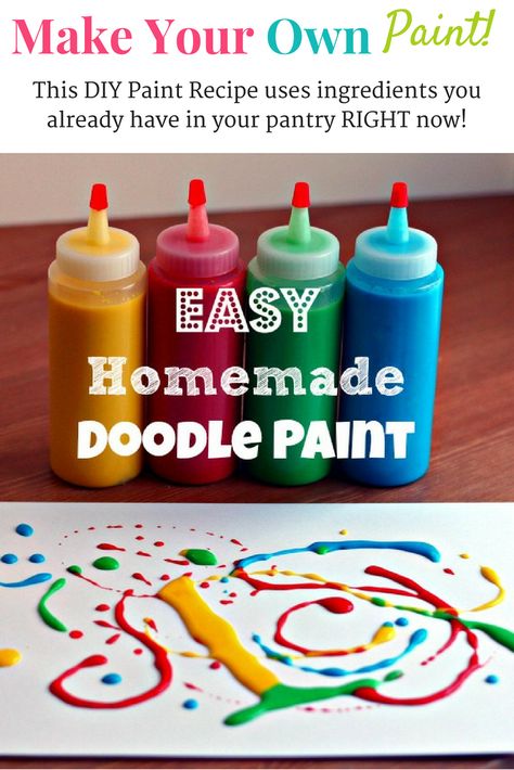 This DIY make your own paint recipe uses ingredients you likely already have in your pantry right now! This fun paint recipe for kids is super easy to make and there are endless possibilities for your kids to create! Even better, it is technically edible paint, so even your littlest ones can experiment! #paint #paintforkids #homemadepaint #homemadepaintrecipe #craftsforkids #diypaintrecipe Make Your Own Paint, Paint For Kids, Paint Recipe, Easy Diy Paint, Homemade Paint, Doodle Paint, Pinterest Crafts, Edible Paint, Fun Arts And Crafts