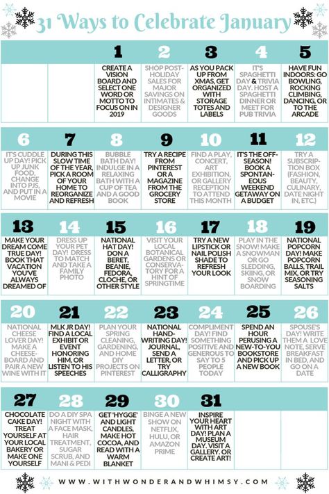 31 Ways to Celebrate January: a bucket list of small, simple ways to survive the cold, create your own fun indoors, and nourish your body and soul in 2019. #celebratejanuary #januarybucketlist #januarylist #funthingstodoinjanuary #winterbucketlist January Bucket List Ideas, January To Do List, New Year To Do List, February Bucket List, January Bucket List, January List, Celebrate January, National Holiday Calendar, Daglig Motivation