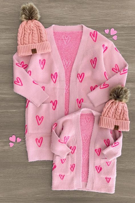 Mom & Me - Pink Heart Cardigan | Sparkle In Pink Matching Mommy Daughter Outfits, Mom Daughter Outfits, Mommy Daughter Outfits, Sparkle In Pink, Heart Cardigan, Long Sleeve Design, Mommy Daughter, Mommy And Me Outfits, Kids Boutique