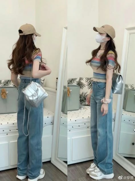 Beige Baseball Cap, Silver Shoulder Bag, Light Blue Denim Jeans, Simple Casual Outfits, Jeans Accessories, Clueless Outfits, Fashion Top Outfits, Korean Casual Outfits, Outfit Inspo Casual