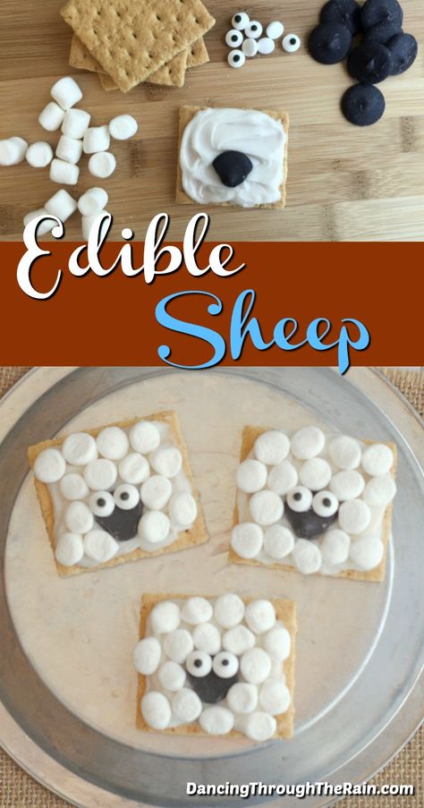This sheep art is a great way to teach the kids to cook! Who doesn't want to make a sheep craft with food? Prek Food Crafts, Lamb Themed Snacks, Easy Cooking Club Ideas, Easter Food Activities For Kids, Art Theme Snacks, Sheep Activity Preschool, Prek Cooking Recipes, Hometown Nazareth Vbs Snacks, Preschool Food Ideas