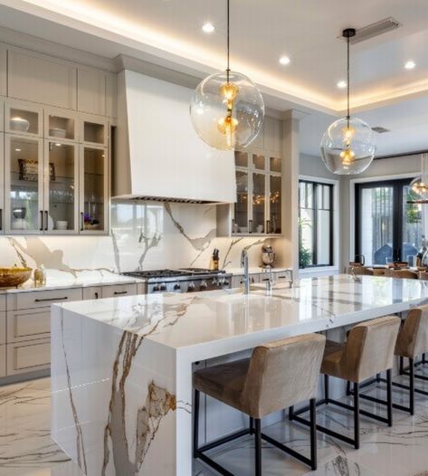 White Kitchen Cabinets With Waterfall Island, Marble Island Countertop, Marble Kitchen Island Modern, Marble Island Kitchen, Multipurpose Kitchen Island, Big Kitchen Design, Kitchen Counter Design, Kitchens 2021, Modern Kitchen Trends