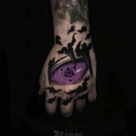 Sasuke Hand Tattoo, Naruto Hand Tattoo Ideas, Hand Tattoos Ideas For Men, Forearm To Hand Tattoo, Anime Hand Tattoos For Guys, Hand Anime Tattoo, Rinnegan Eye Tattoo, Mangekyou Sharingan Tattoo, Naruto Hand Tattoo