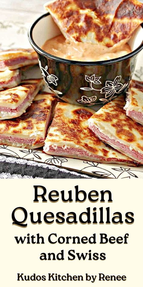 Rueben Quesadillas are a cross between a Reuben sandwich and a quesadilla, but what makes them truly special is the homemade 1000 Island Dipping Sauce! #cornedbeef #cornedbeefsandwich #reubenquesadillas #irishsandwich #stpatricksdayrecipe #cornedbeefappetizer #cornedbeefandswisscheese #homemadedressing #grilledtortillasandwich #kudoskitchenrecipes Rueben Wrap, Rueben Recipes, Reuben Quesadilla, Reuben Wrap, Reuben Recipes, Reuben Pizza, Quesadillas Recipes, Cheeseburger Quesadilla, Deli Meat Recipes