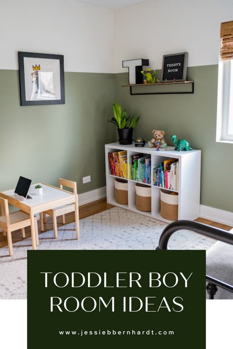 Sage green toddler boy's room with white bookshelf and books organized in rainbow color. Little Boy Shared Bedroom Ideas, Kids Green Bedroom Ideas, Preschooler Bedroom Ideas, Painted Boys Room, Boys Toy Room Ideas, Gray Toddler Room Boy, Two Year Old Bedroom Boy Rooms, Boy Room Colors Paint, Wallpaper Toddler Boy Room