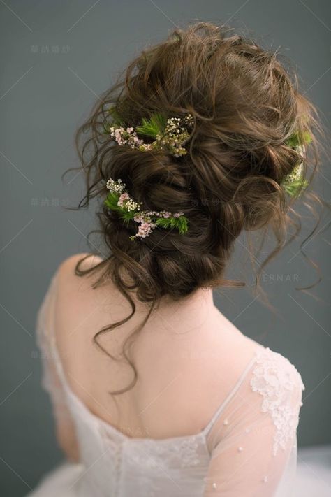 "Get Ready to Slay with 28 Irresistible Curly Hair Styles! Unlock the Secrets to Effortless Elegance. Click Now. Nature Wedding Hairstyles, Prom Hairstyles Fairy, Fairy Core Wedding Hair, Enchanted Hairstyles For Prom, Forest Princess Hairstyle, Enchanted Garden Prom Hair, Enchanted Forest Theme Hairstyle, Wedding Hair Ethereal, Ethereal Hair Wedding