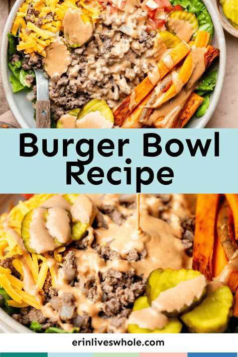 Craving a burger but forgot to grab a pack of burger buns at the store? That's okay - make your own burger bowl instead! Made with juicy ground beef, crispy lettuce, juicy tomatoes, and homemade special sauce, this burger bowl recipe is a delicious and healthier alternative to a traditional burger. Healthy Burger Meals, Cheeseburger Bowl Recipe, Burger Bowl Sauce Recipe, Ground Beef Burger Bowls, Meals With Burger, Good Burger Recipes, Mediterranean Burger Bowl, Burger Bowl Sauce, Hamburger Bowl Recipes