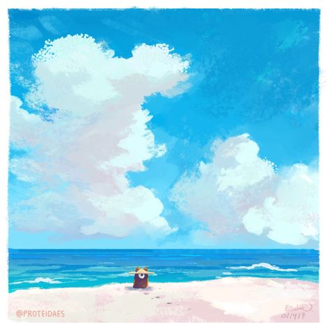 Ghibli Beach, Bg Design, Beach Illustration, Cloud Drawing, Ghibli Art, Landscape Illustration, Sketch Painting, Cute Little Drawings, Art Inspiration Painting