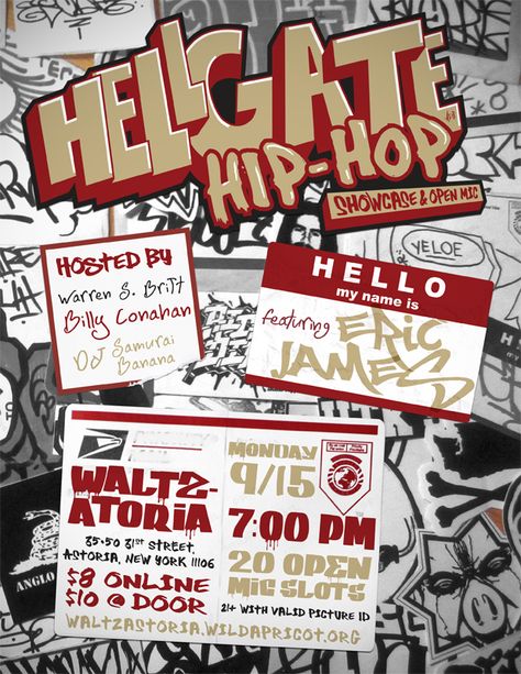 I designed this #flyer for the #WaltzAstoria's "Hellgate #HipHop Showcase & #OpenMic". This monthly #show features one up-and-coming act while also providing open mic slots for others. Since the nature of open mics is to get practice and gain exposure, I thought using a wall a #slaps and #stickers fit this theme nicely. #queens #rap #astoria #design #graffiti #graphicdesign #flier #nyc Hiphop Flyer Design, Graffiti Event Poster, Grafitti Poster Design, Hip Hop Flyer Design, Hip Hop Astethic, Hiphop Poster Design, Hip Hop Poster Design, Graffiti Poster Design, Hiphop Stickers