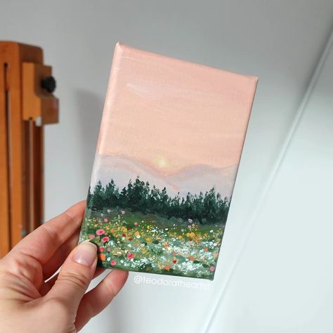 Spring = more colors 🌸⁠ ⁠ I couldn't resist painting a mini landscape with the vibrant colors of this season🌷⁠Swipe to see more photos and let me know what you think🌷🤗⁠ ⁠ the original painting is available for purchase on Etsy ✨ ⁠ ⁠ and in case you want to watch the steps of painting this mini landscape, there's a video on my YT channel ✨ link in my bio⁠ .⁠ .⁠ .⁠ .⁠ #minicanvas #minicanvaspainting #acrylicpaintingartist #acrylicpaintings #artistsonig #artstudio #artstudiolife #minipainting ... Painted Mini Canvas, Simple Landscape Painting Ideas, Mini Oil Painting Ideas, Mini Watercolour Painting, Book Painting Ideas On Canvas, Tiny Paintings Simple, Painting Ideas On Small Canvas, Mini Paintings Ideas Easy, Cute Mini Paintings