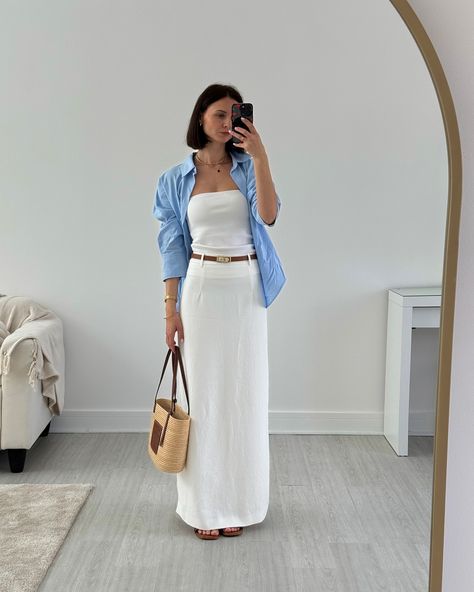 Same but different🤍 Some easy summer outfits, save for inspo #summeroutfitideas #whiteoutfits #maxiskirt Blue shirt, white skirt, wide jeans, loewe bag, summer bag, london blogger, city summer White Summer Maxi Skirt, Feminine White Summer Skirt, Chic Blue Summer Maxi Skirt, Long White Skirt Outfit Summer Aesthetic, White Maxi Skirt Aesthetic, Blue Tshirt Outfit, White Maxi Skirt Outfit, Blue Skirt Outfits, Shirt Outfit Summer