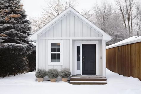 This 649 square foot ADU (Accessory Dwelling Unit) gives you a dedicated bedroom with a flex room that can be used as a second bedroom or an office or whatever you need. This cute house plan can be built as a rental unit as well as for a permanent home. A covered porch provides shelter at the front door which opens to a vaulted space with the kitchen lining the left side and the living room the rest of the space. Laundry is tucked into an alcove as you head towards the bedroom and bathroom. NOTE Mother Inlaw Suite House Plans, Adu Guest House, Small Rental House Plans, Additional Dwelling Unit House Plans, Adu Home Plans, One Bedroom Adu, Accessory Dwelling Unit Plans, Adu Apartment, 12x32 Tiny House Floor Plans