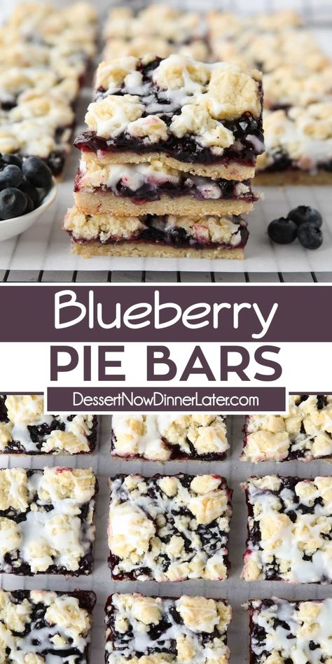 Blueberry Pie Bars have a sweet, buttery (sugar cookie-like) shortbread crust and crumb topping. There’s blueberry pie filling in the middle, and a sweet glaze drizzled on top. These dessert bars are easier to make than pie and feed a crowd. Blueberry Pie Filling Recipes, Pie Filling Desserts, Berry Pie Filling, Blueberry Crumb Bars, Blueberry Pie Bars, Blueberry Desserts Recipes, Blueberry Crumble Bars, Buttery Sugar Cookies, Sweet Glaze